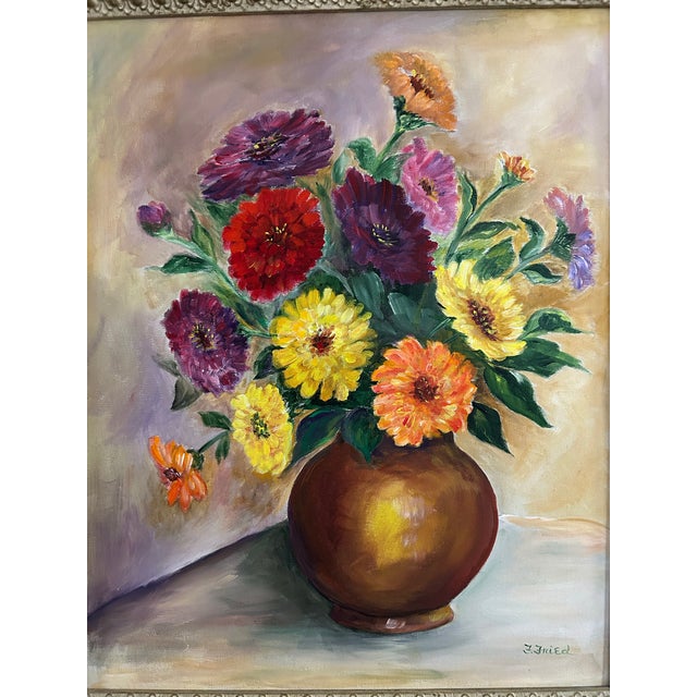 1940s 1940’s Vintage Brightly Colored Floral Still Life Oil Painting in Vintage Frame For Sale - Image 5 of 8