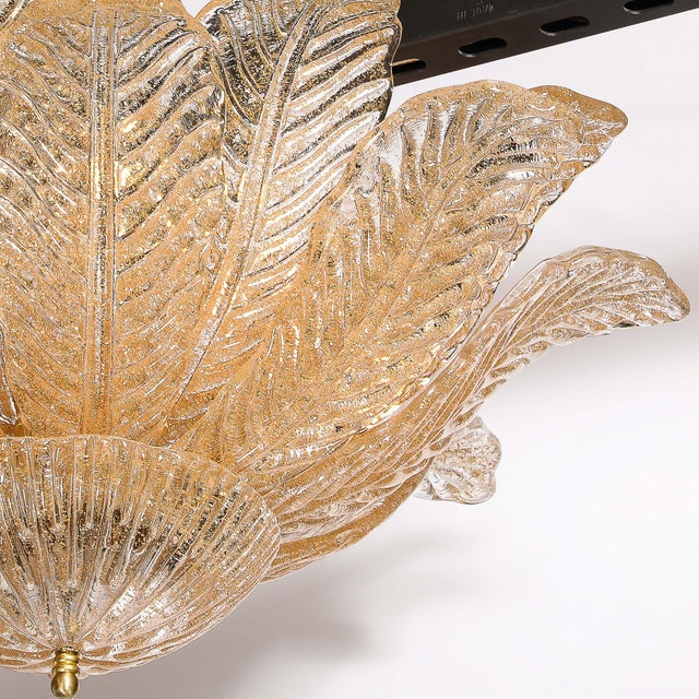 Modernist Handblown Murano Glass Leaf Form Flushmount W/ 24k Gold Flecks & Brass For Sale - Image 10 of 12