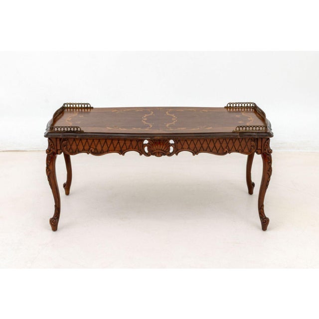 Louis XV Style Walnut and Satinwood Marquetry Coffee Table, with brass galleried top, carved shell crest apron, and on...
