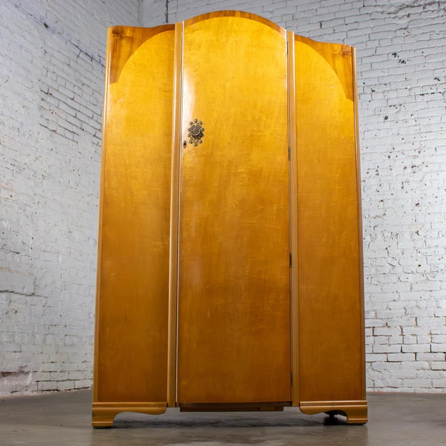 Large Early to Mid-20th Century Vintage English Art Deco Style Wardrobe Burled Maple & Walnut Frame For Sale - Image 4 of 18