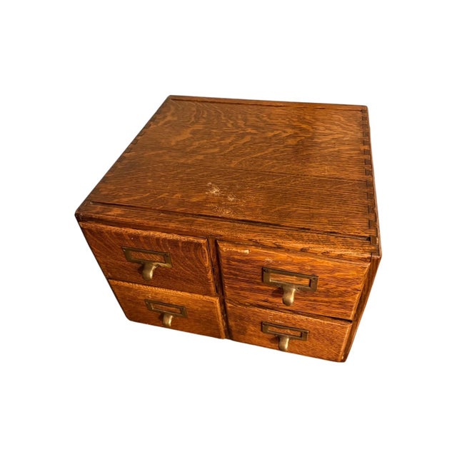 Brown Vintage Macey Library Card Catalog – Four Drawer Wood Cabinet With Brass Hardware For Sale - Image 8 of 13