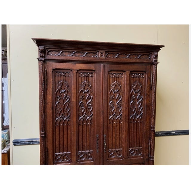 Late 19th Century Antique Neo-Gothic Wardrobe with Linen Compartments, 1880 For Sale - Image 5 of 13