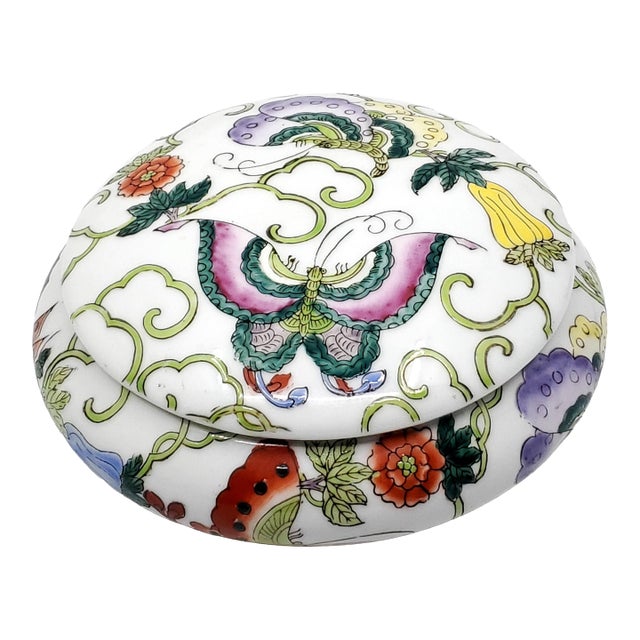 Vintage Chinese Ceramic Box With Butterflies For Sale