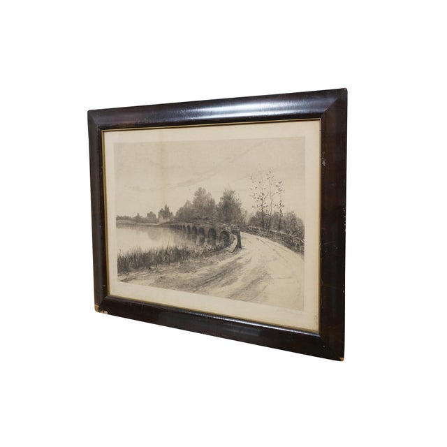 Victorian Antique Louis Kinney Harlow Signed Stone Bridge River Landscape Etching 27" For Sale - Image 3 of 11