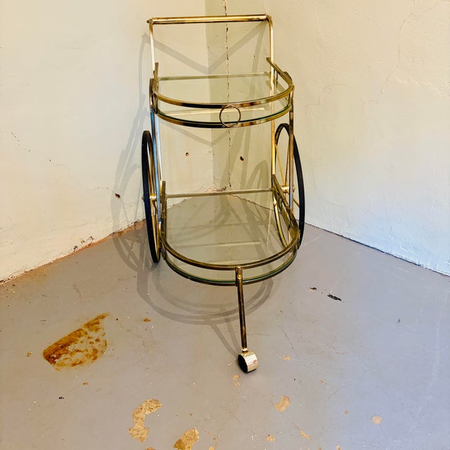 Mid 20th Century Vintage Hollywood Regency Brass & Glass Two-Tier Bar Cart For Sale - Image 5 of 12