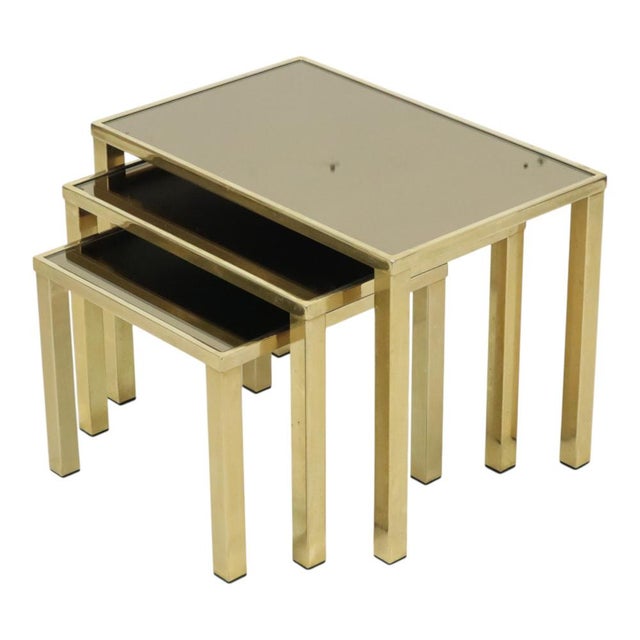 Luxurious set of nesting tables, mimiset, 23-karat gold-plated chrome base, smoked glass mirror top, by Belgian design...