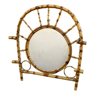 Vintage French Rotin Coat Rack Mirror, 1960s For Sale