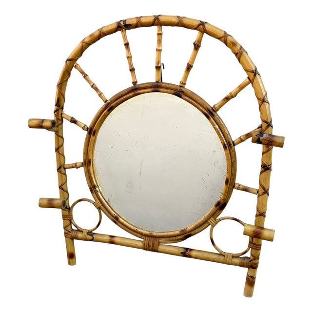 Vintage French Rotin Coat Rack Mirror, 1960s For Sale