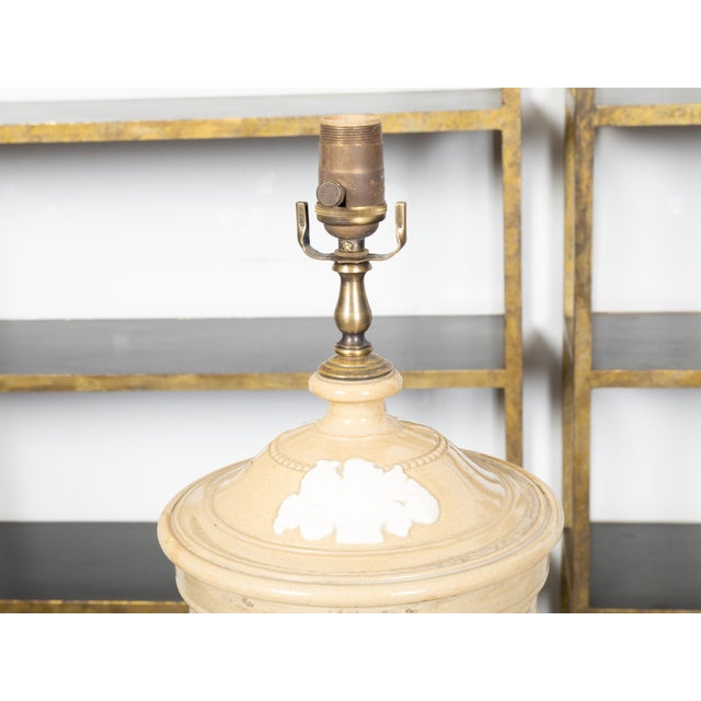 English 19th Century English Cream Glazed Stoneware Water Filter Made into a Wired Lamp For Sale - Image 3 of 11