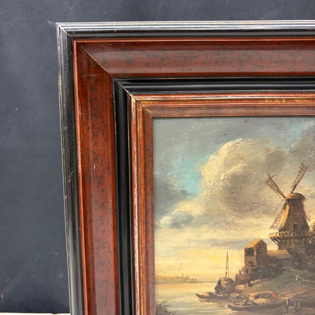 Antique Oil Painting Dutch School Landscape With Windmill on a Canal For Sale - Image 4 of 5