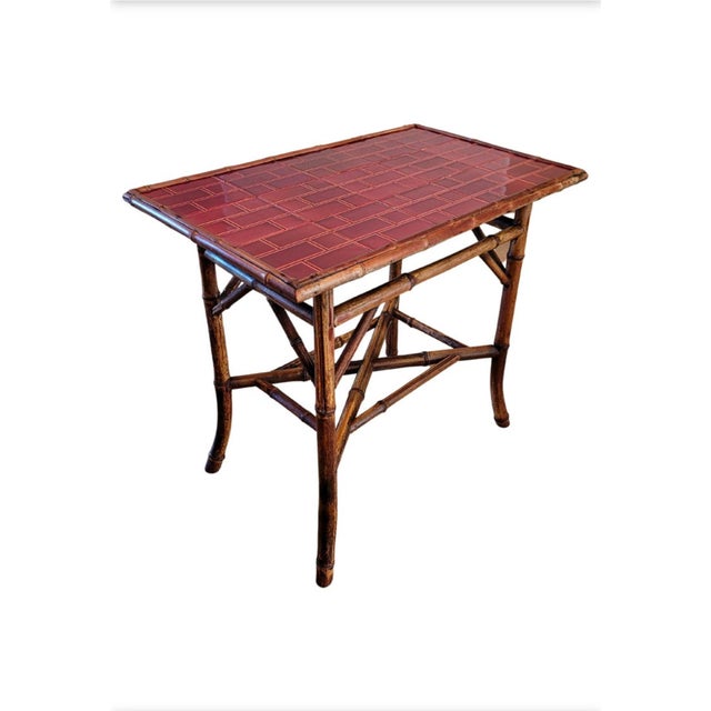 19th Century Victorian Era Chinoiserie Japonism Bamboo Burgundy Red Ceramic Tiled Tray Table For Sale - Image 17 of 17