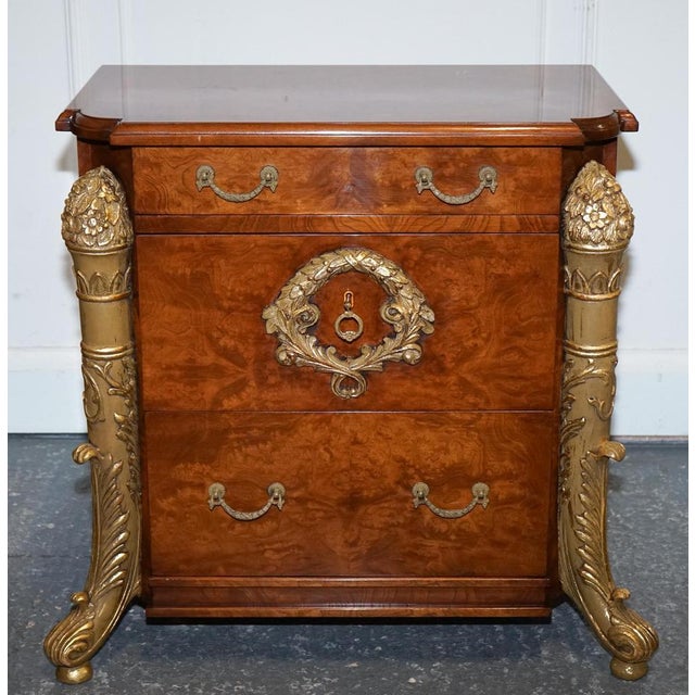 Brown French Empire Style Gold Detailed Burr Walnut Bedsides Nightstands, Set of 2 For Sale - Image 8 of 12