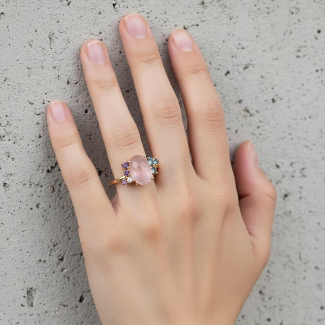 Rose Quartz Multicolor Ring in 14k Gold, Size 7.5 For Sale - Image 9 of 12