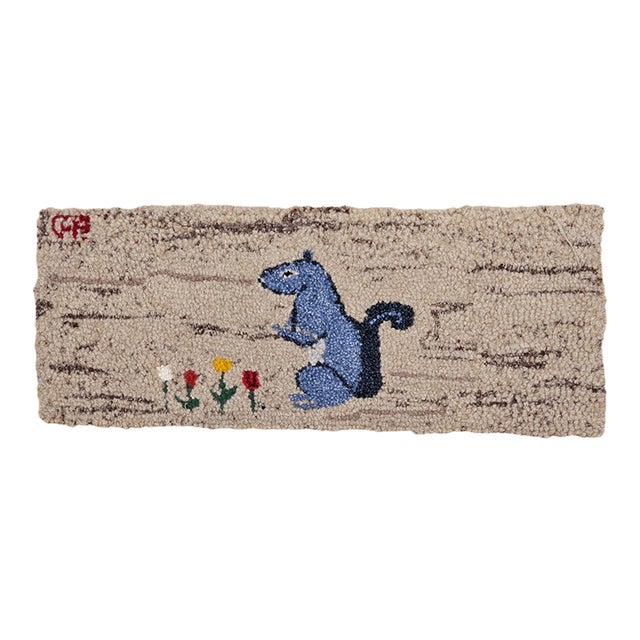 Vintage American Hand Hooked Rug, Wool & Cotton, Standing Squirrel Design, 1x2 For Sale