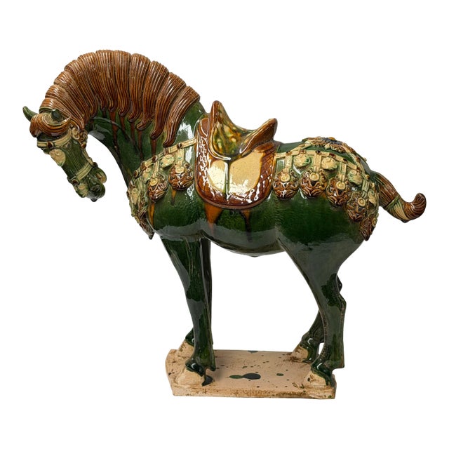 Oriental Ceramic Sancai Green Brown Beige Fengshui Artistic Figure For Sale