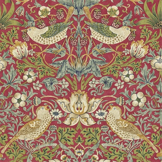 Morris & Co Strawberry Thief Wallpaper in Crimson/Slate - a Sample For Sale