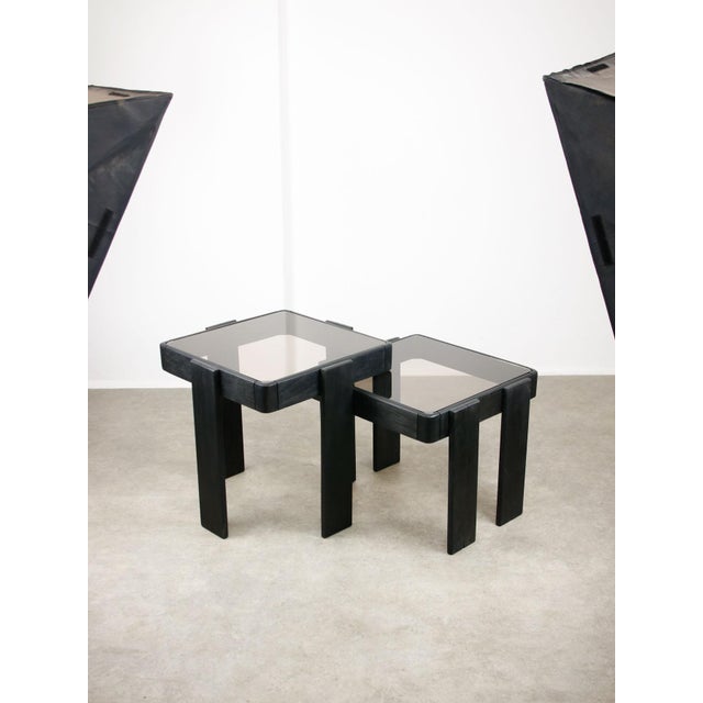 Very dark brown almost black colour. Big table - 52x52x52cm Small table - 52x48x43cm I have official proof of authenticity...