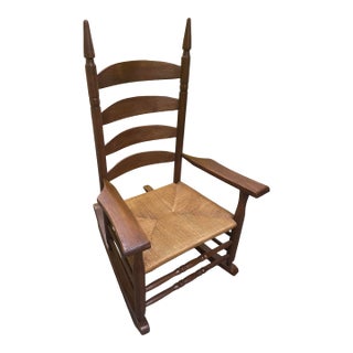 Mid 20th Century Handmade North Carolina Ladder-Back Rocking Chair With Woven Rush Seat For Sale