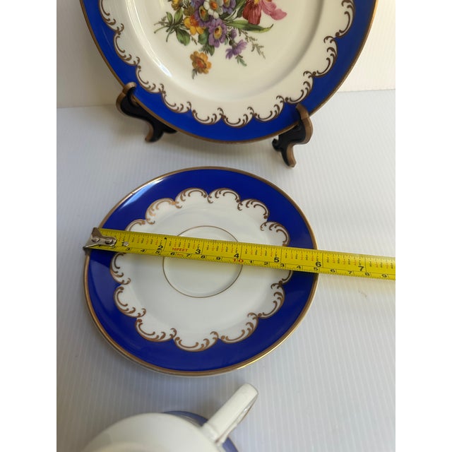 Vintage 1950's Kunst Hummendorf Kronack Bavaria Germany Porcelain Tea Set Trio Cobalt Blue Gold Tea Cup Saucer Dessert Plate For Sale - Image 16 of 18