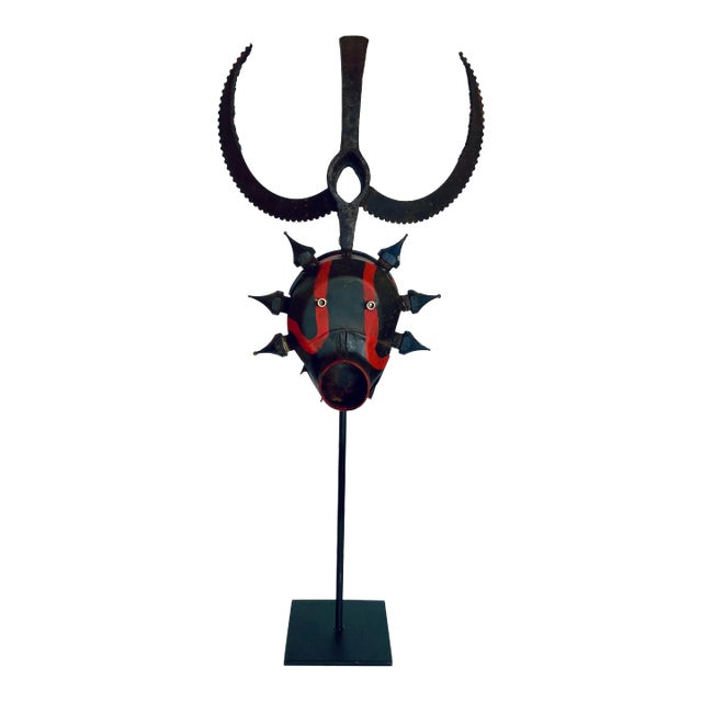 Industrial Modern Red Abstract Mask on Stand Sculpture For Sale