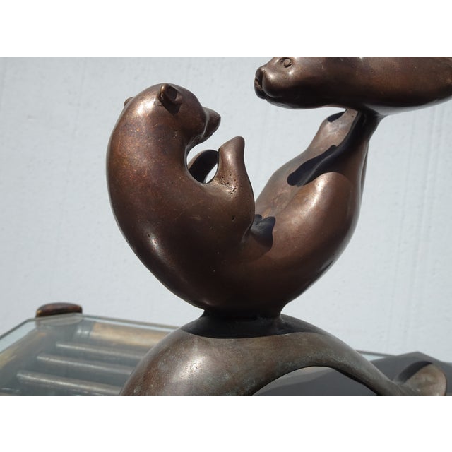 Vintage Bronze Balancing Swimming Otters Statue ~ Sculpture For Sale - Image 13 of 15