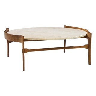 Bertha Schaefer for Singer and Sons Mid Century Travertine and Walnut Coffee Table For Sale