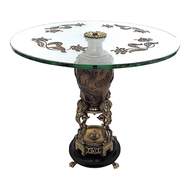 Rare Messenger Phipson Antique Side or Occasional Table, Japanese Meiji Bronze With Cherubs (Putti), Glass & Gilt Top - England For Sale