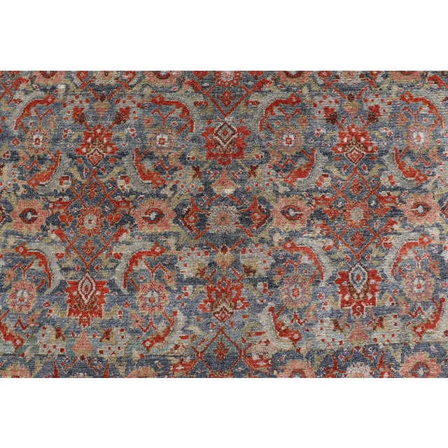 Red Antique Persian Bidjar Gallery Rug With Blue-Grey Field and Red Herati Design For Sale - Image 8 of 16