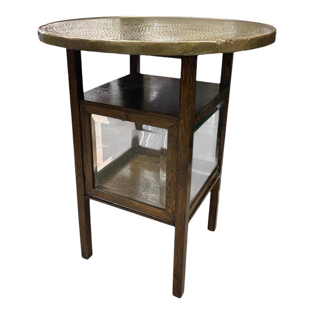 Vintage Arts & Crafts Side Table With Hammered Brass Tray Top and Glass Display Cabinet For Sale