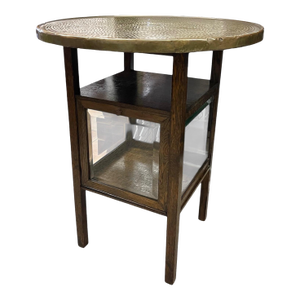 Vintage Arts & Crafts Side Table With Hammered Brass Tray Top and Glass Display Cabinet