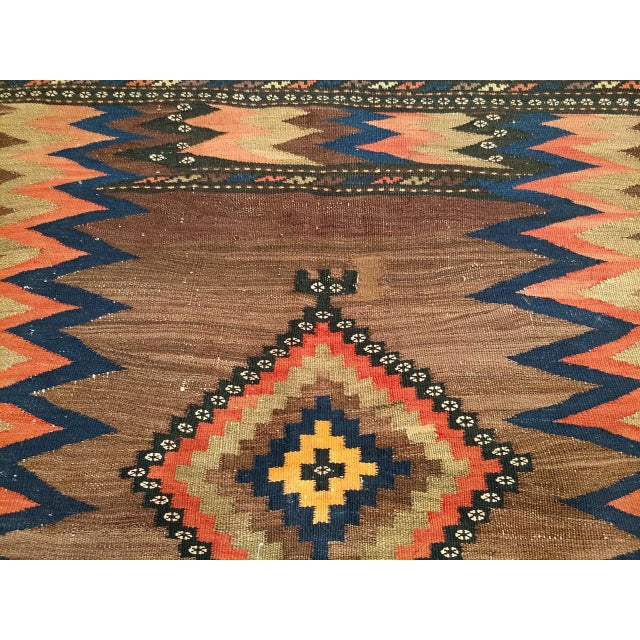Antique Persian Qashqai Tribal Sofreh Kilim Rug, Handwoven Wool, Geometric Pattern, Brown, 4x4 For Sale - Image 9 of 13