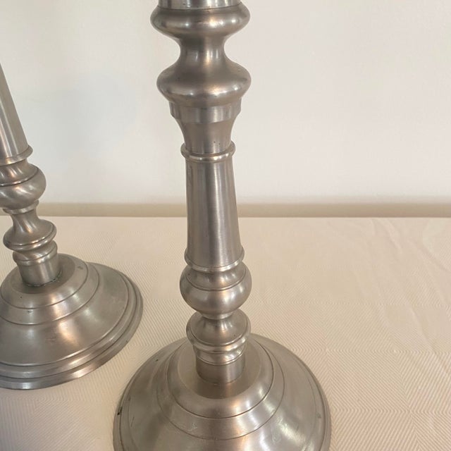 Vintage Eddie Bauer X-Tall Brass With Pewter Finish Pillar Candle Holders- Set of 2 For Sale - Image 4 of 7