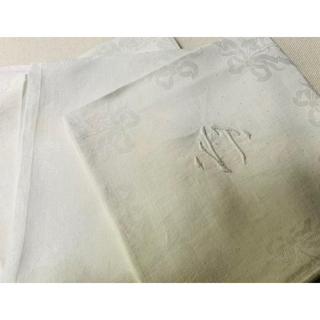 Antique French Damask Linen Napkins, Monogrammed Vt, Iris & Floral Damask, Set of 4 | C. 1900 For Sale - Image 4 of 17