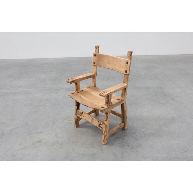 Brown Brutalist Armchair with Carved Rosettes and Nailed Wooden Seat, Spain, 1950s For Sale - Image 8 of 16