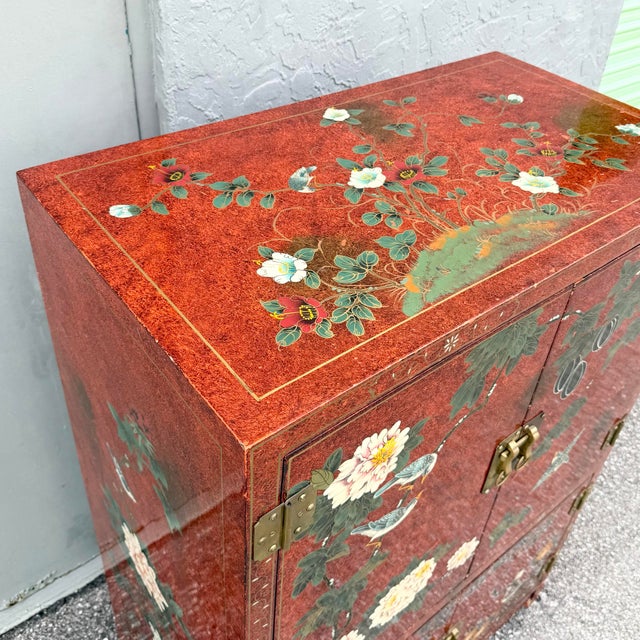 Wood Vintage Chinese Red Hand Painted Armoire/Caninet For Sale - Image 7 of 11