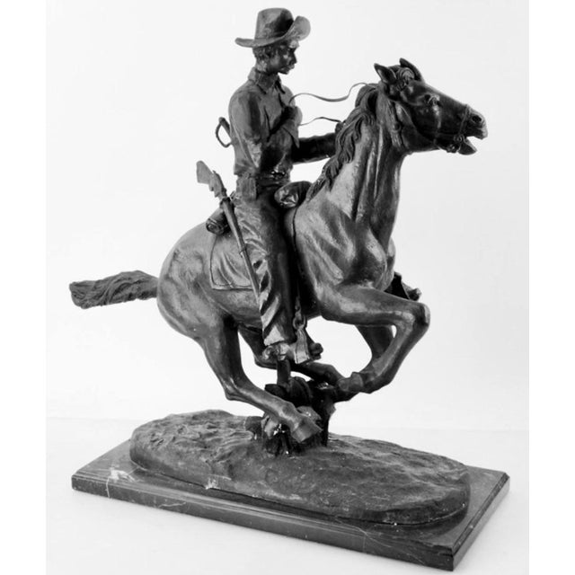 Mid 20th Century After Frederic Remington “Trooper of the Plains” Bronze Equestrian Sculpture on Marble Base For Sale In Los Angeles - Image 6 of 8