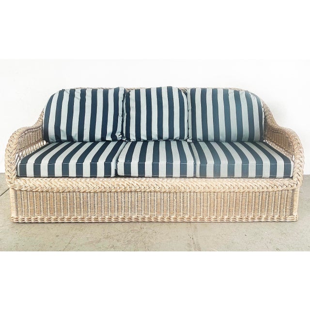 Boho Chic Mid 20th Century Henry Link Rattan Sofa With New Sunbrella Upholstery and Cushions For Sale - Image 3 of 13