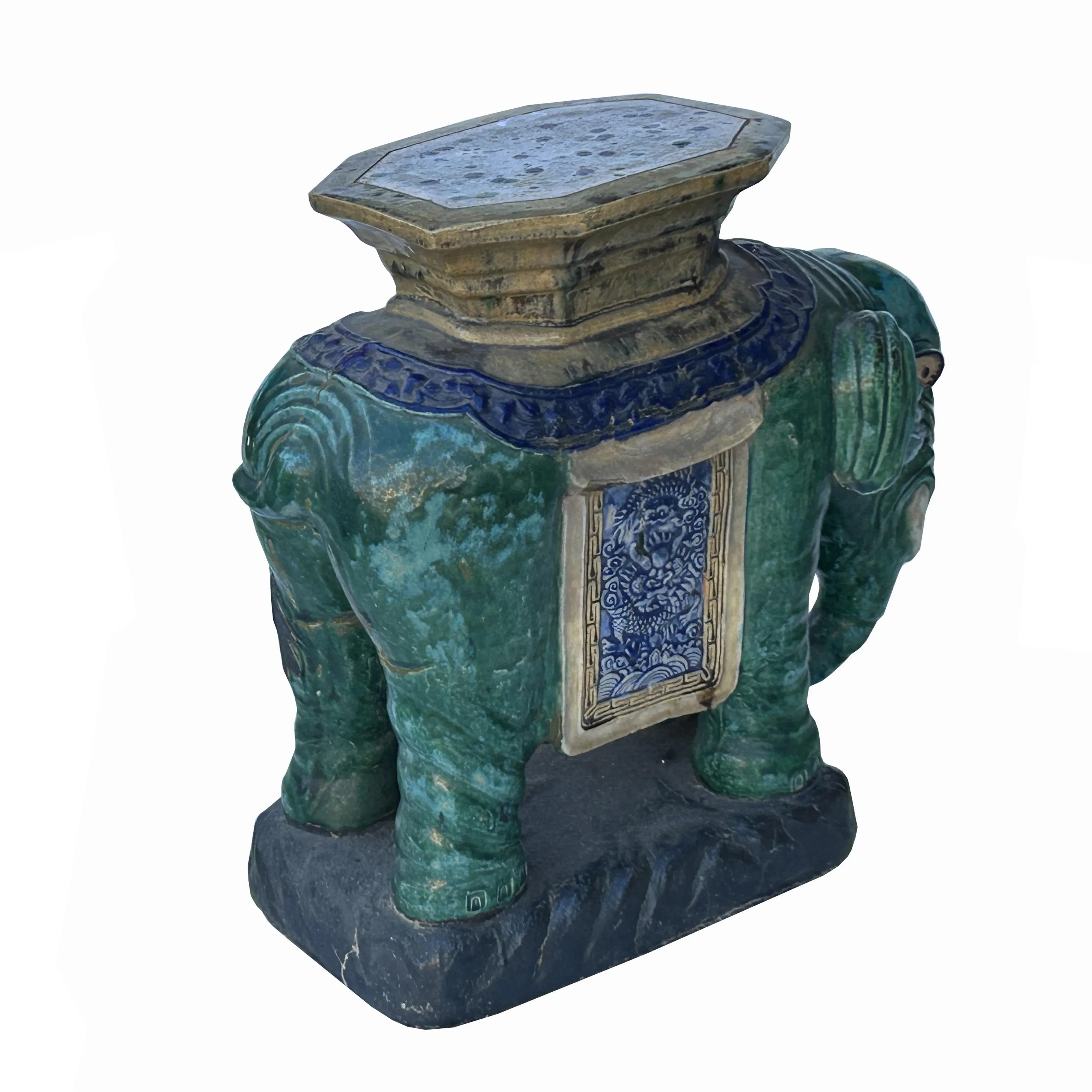Ceramic Handmade Chinese Green Blue Oriental Elephant Pedestal