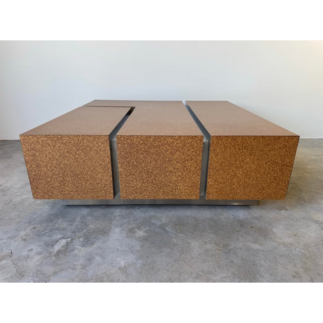 1980s 1980s Postmodern Laminated Tortoiseshell & Brushed Steel Plinth Base Coffee Table on Wheels For Sale - Image 5 of 12