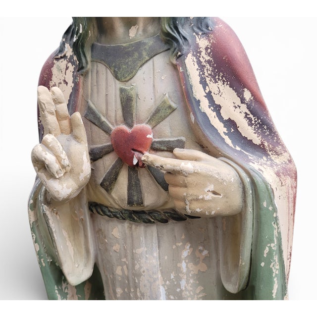 Large Sacred Heart of Jesus Statue, Early 20th Century, Polychrome Plaster For Sale - Image 6 of 13