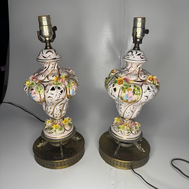 Italian Capodimonte Cherub and Floral Table Lamps- A Pair For Sale - Image 11 of 12
