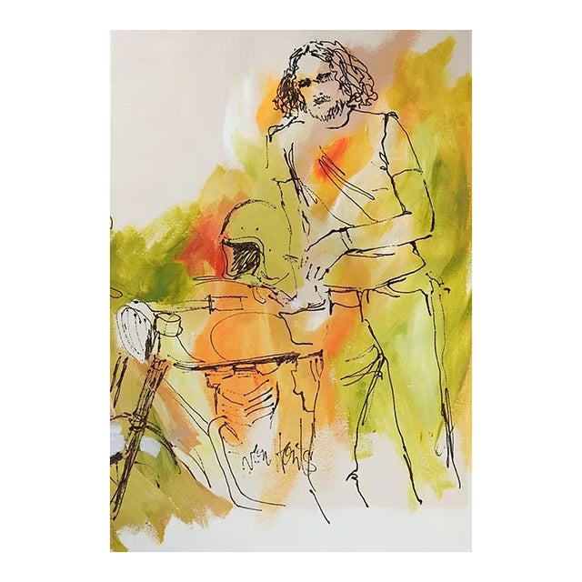 Vintage Mid 20th Century Jacque Von Honts Modernist Man Motorcycle Painting For Sale