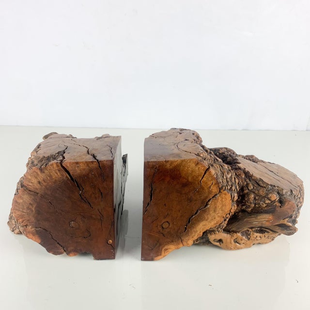 Large Vintage Pair Unique Burl Wood Carved Sculptural Book Ends Mid Century MCM For Sale - Image 10 of 12