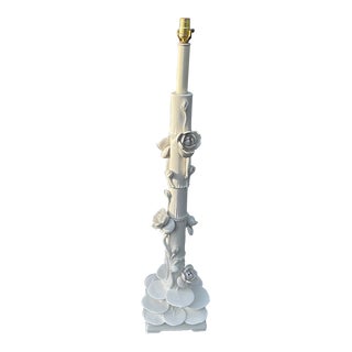 1960s Standing White Faux Bamboo and Lotus Floor Lamp, Marked Italy For Sale