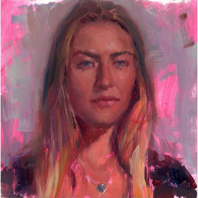 This oil on panel work features a portrait of a young woman, her expression serene yet contemplative. The vibrant pink...