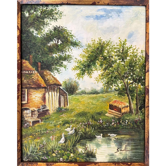 A beautiful oil painting on board, signed by unidentified artist. The piece captures a serene, idyllic countryside scene...