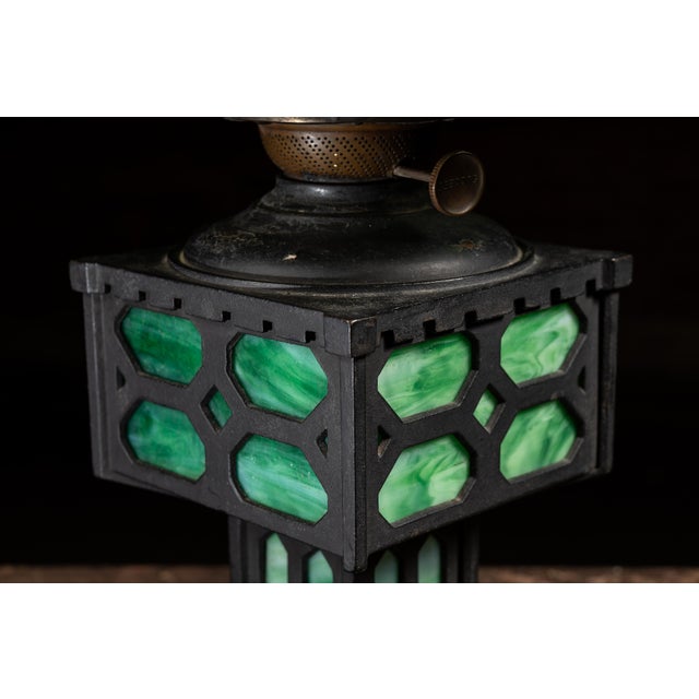 Early 20th Century Arts and Crafts Green Slag Glass and Cast Iron Table Lamp For Sale - Image 9 of 9