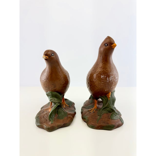 Ceramic Vintage Mid Century Hand-Painted Quail Figurines on Leafy Bases – A Pair For Sale - Image 7 of 10