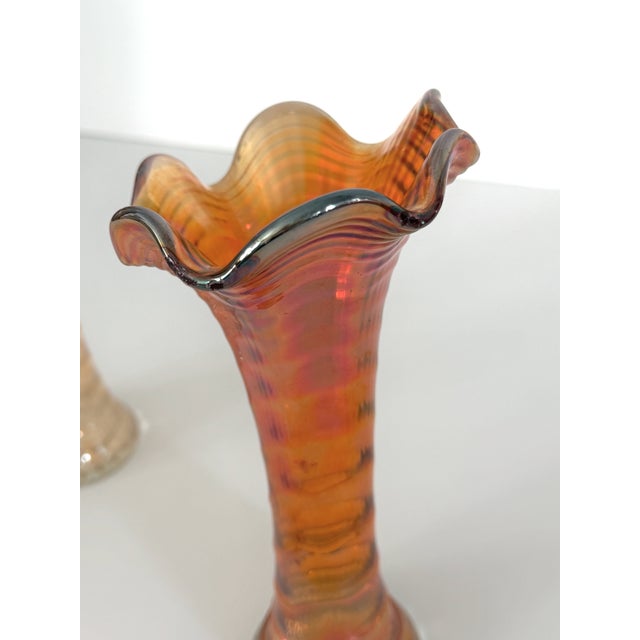 Vintage Marigold Carnival Glass Swung Vases, a Pair For Sale - Image 11 of 12