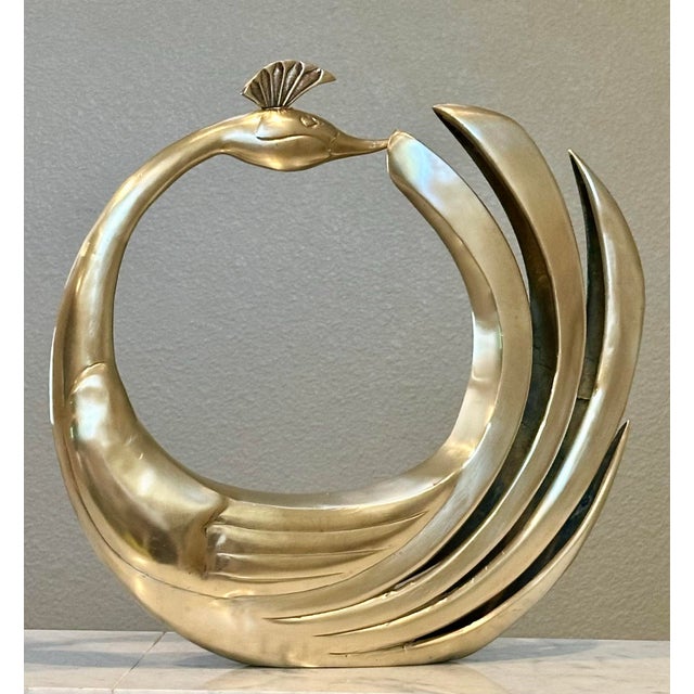 Mid-Century Modern Dolbi Cashier Swan Solid Brass Statue Polished Peacock Figure MCM Brass Swan For Sale - Image 3 of 7